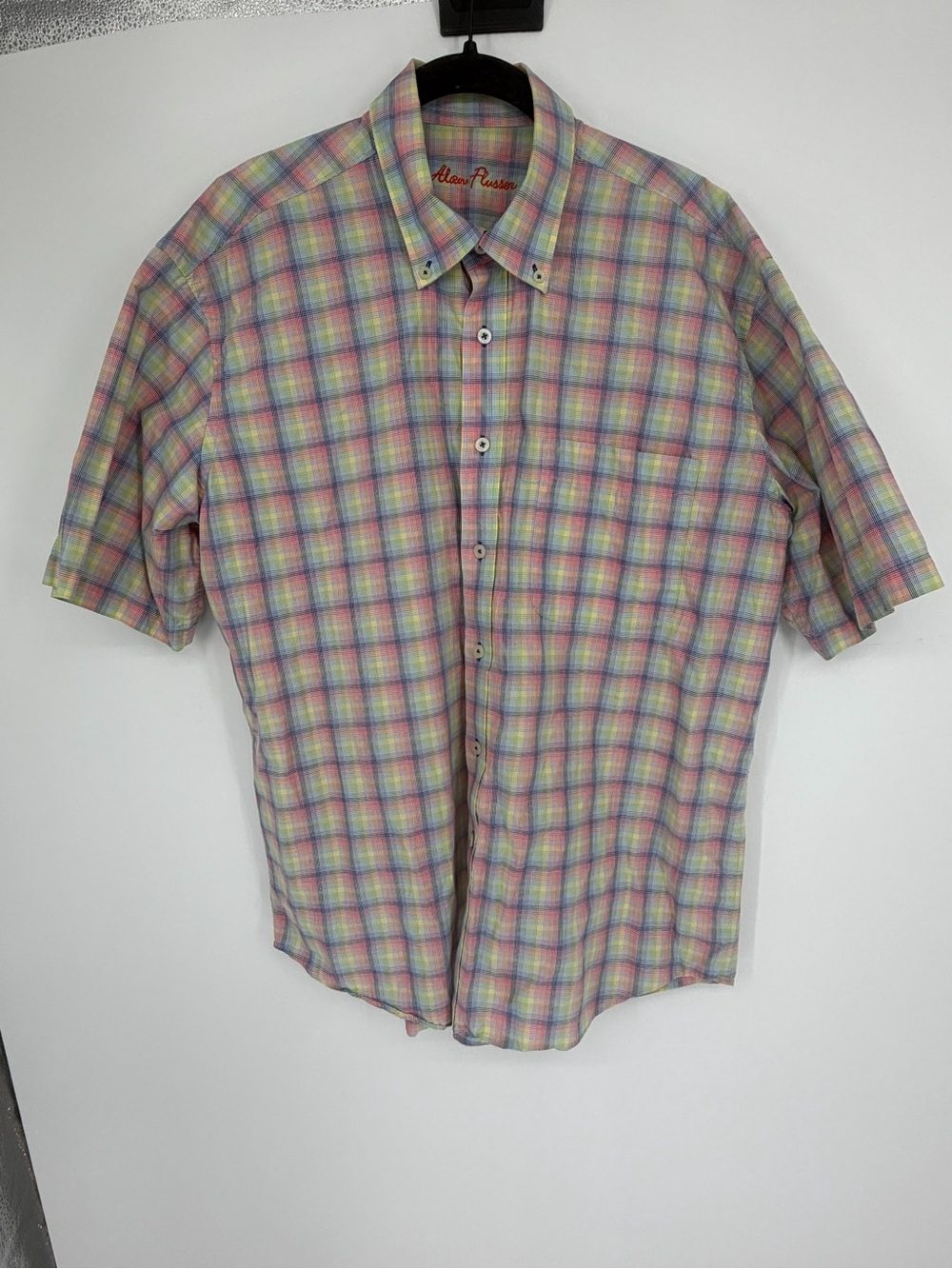 Alan Flusser size large Multicolor Pastel Plaid Short-Sleeve Shirt